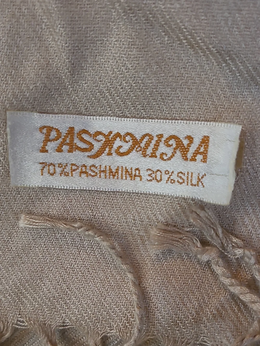 pashmina Neutral Beige Maxi Shawl Scarf with Tassel Trim Cashmere Silk 65×28